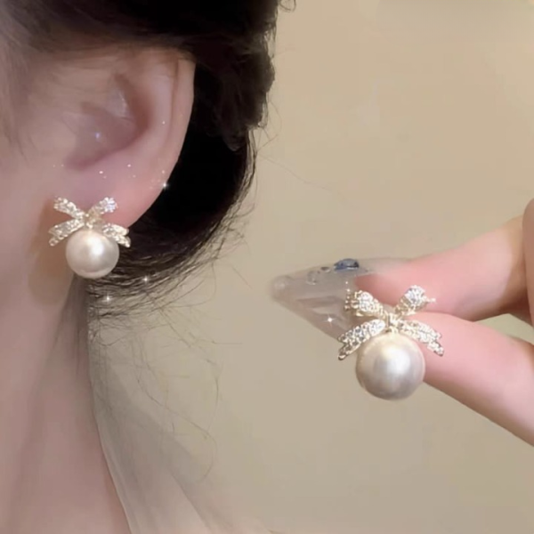 Bow Sparkle Diamond Pearl Stud Earrings / Pearl Earrings Women’s