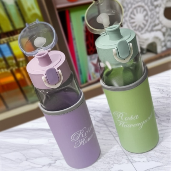 Rosa Flowery Glass Water Bottle With Protective Sleeve & Flip-top Cap (300ml) | Water Bottle | Glass Water Bottle |