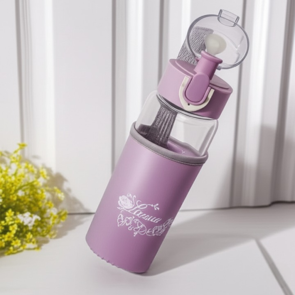 Rosa Flowery Glass Water Bottle With Protective Sleeve & Flip-top Cap (300ml) | Water Bottle | Glass Water Bottle |