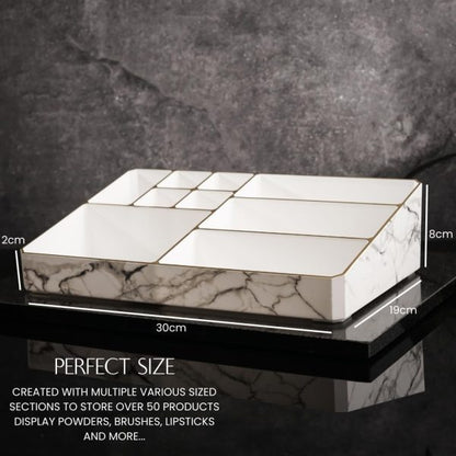 9 Compartment Marble Look Makeup Organiser | Marble Acrylic Makeup Organiser – Perfume Holder, Vanity Storage And Cosmetic Storage – White
