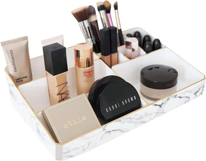 9 Compartment Marble Look Makeup Organiser | Marble Acrylic Makeup Organiser – Perfume Holder, Vanity Storage And Cosmetic Storage – White