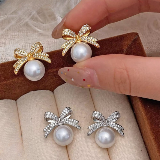 Bow Sparkle Diamond Pearl Stud Earrings / Pearl Earrings Women’s