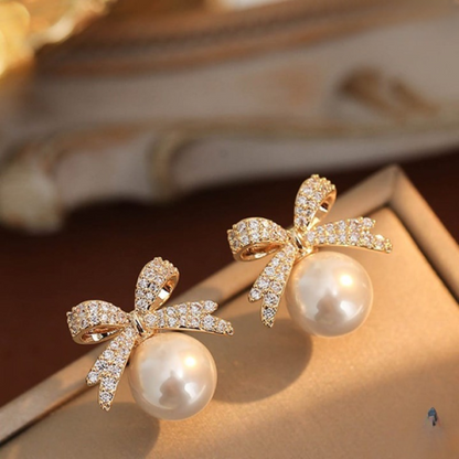 Bow Sparkle Diamond Pearl Stud Earrings / Pearl Earrings Women’s