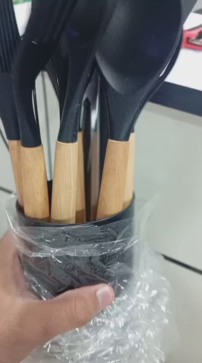 12 Pcs Silicone Cooking Utensils Kitchen Utensil Set | Heat Resistant Kitchen Non Toxic Spatula Set With Turner Tongs,spoon,brush,whisk-wooden Handle(random Color)