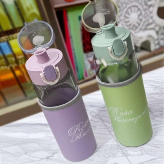 Rosa Flowery Glass Water Bottle With Protective Sleeve & Flip-top Cap (300ml) | Water Bottle | Glass Water Bottle |