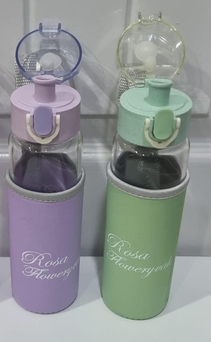 Rosa Flowery Glass Water Bottle With Protective Sleeve & Flip-top Cap (300ml) | Water Bottle | Glass Water Bottle |